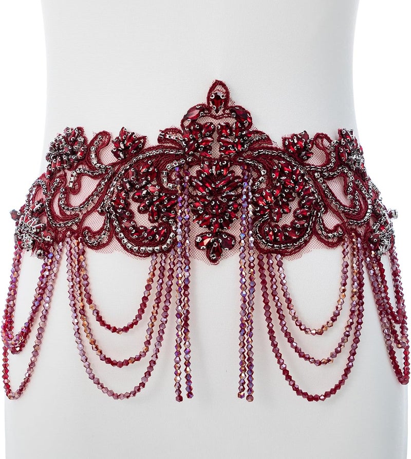 amusediy Wine Red Beaded Rhinestones Applique Embellishment for Clothes,Epaulettes Shoulder Patches Sew-on Diamond Sequin Applique for Wedding Dress DIY Accessories Belt Waist Decoration - Image 3